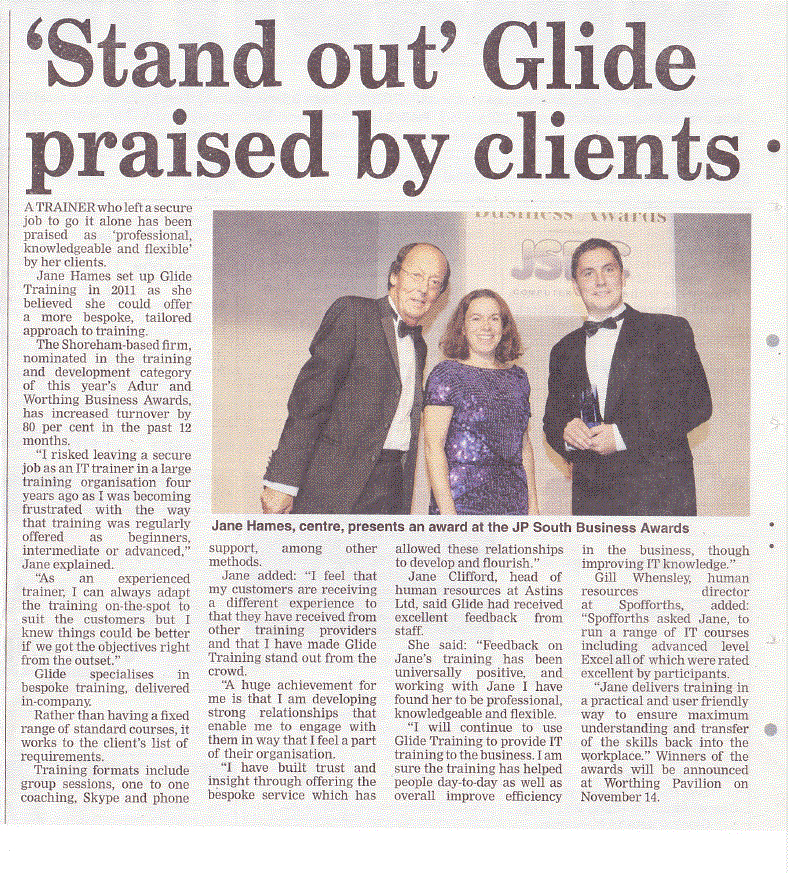 Glide Training in the media - Adur Worthing Business Awards 2014