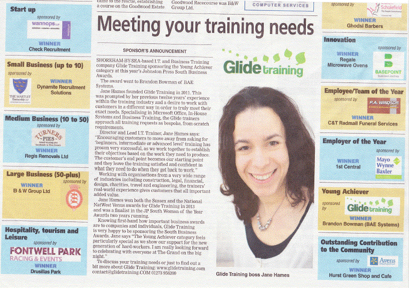 Glide Training in the media - JP South Events South Business Awards